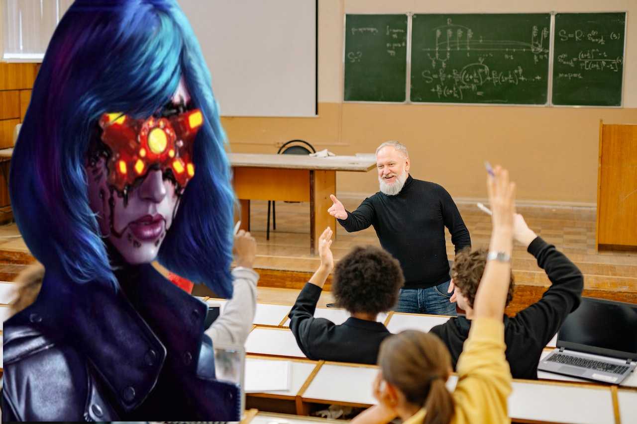 Cyborg Jonson does not need to look at the professor as she can hear with the internet too
