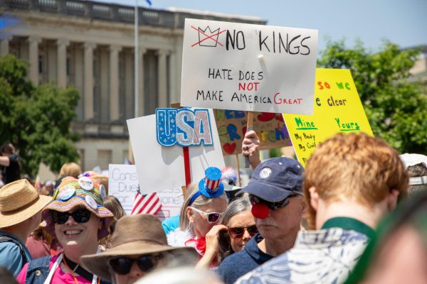 Protesters gather at Library Mall for “Kick Out the Clowns” rally. June 14, 2025.